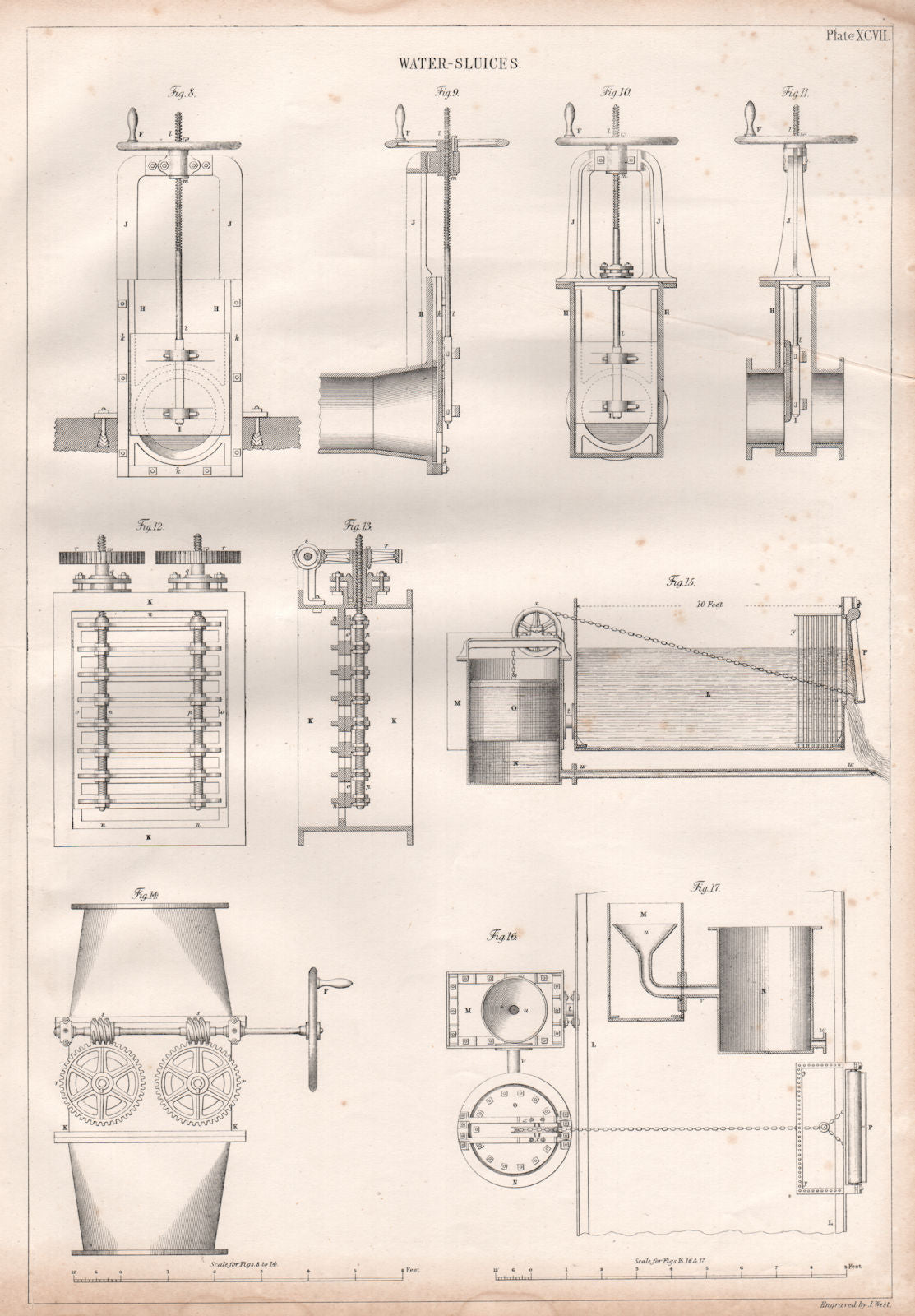 VICTORIAN ENGINEERING DRAWING. Water-sluices 1847 old antique print picture